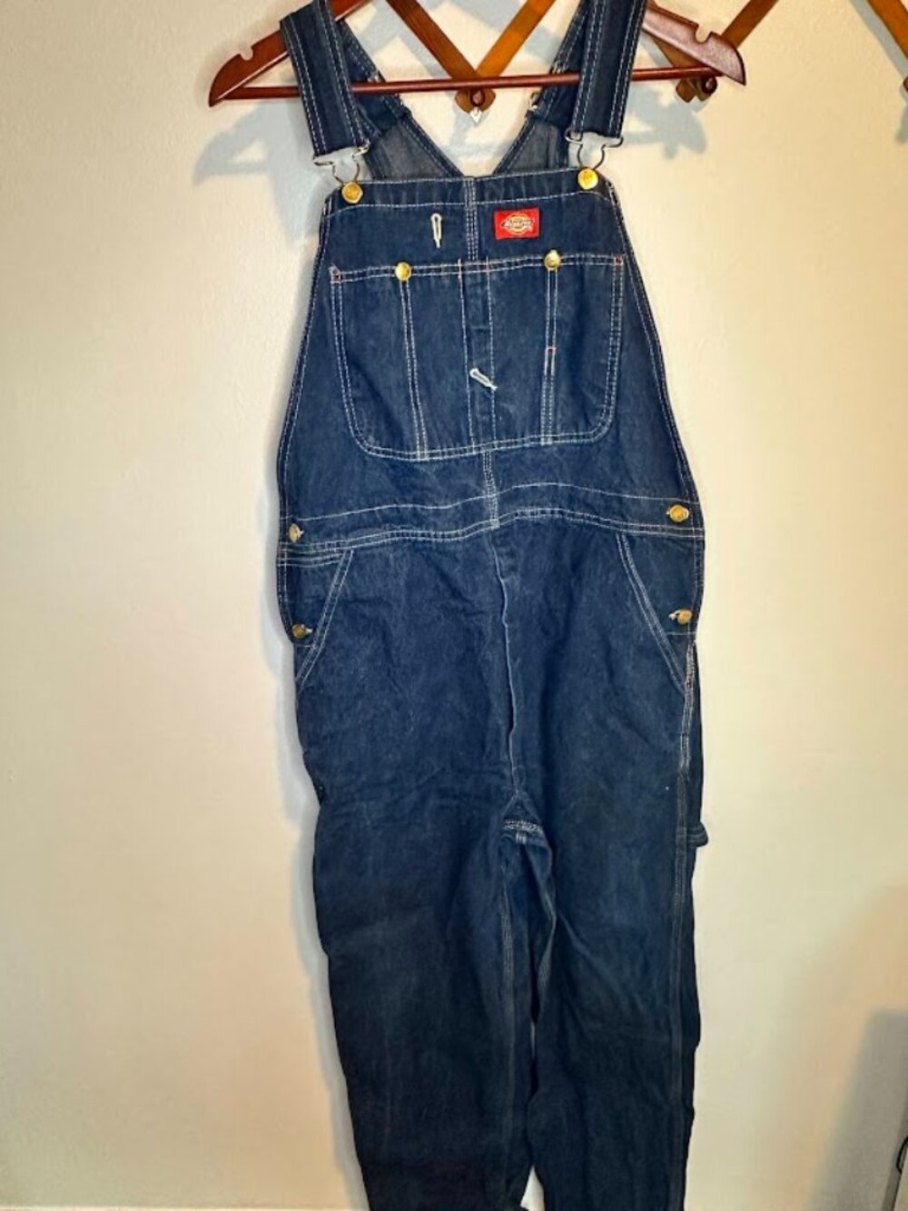 Dickies 100% Cotton Dark Blue Denim Carpenter Wide Leg Overalls 34 x 30
